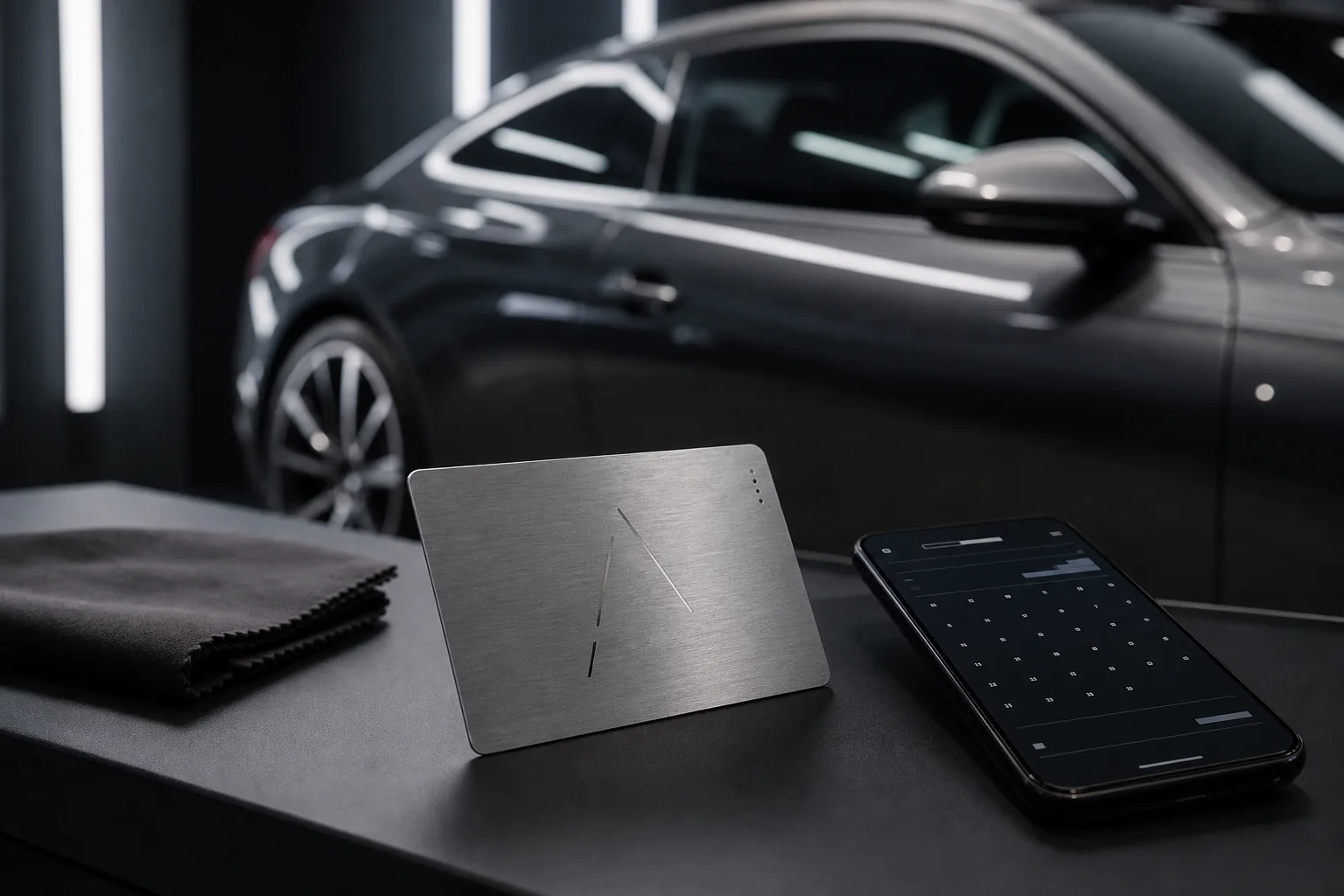 A brushed-steel member card connects priority booking with vehicle care