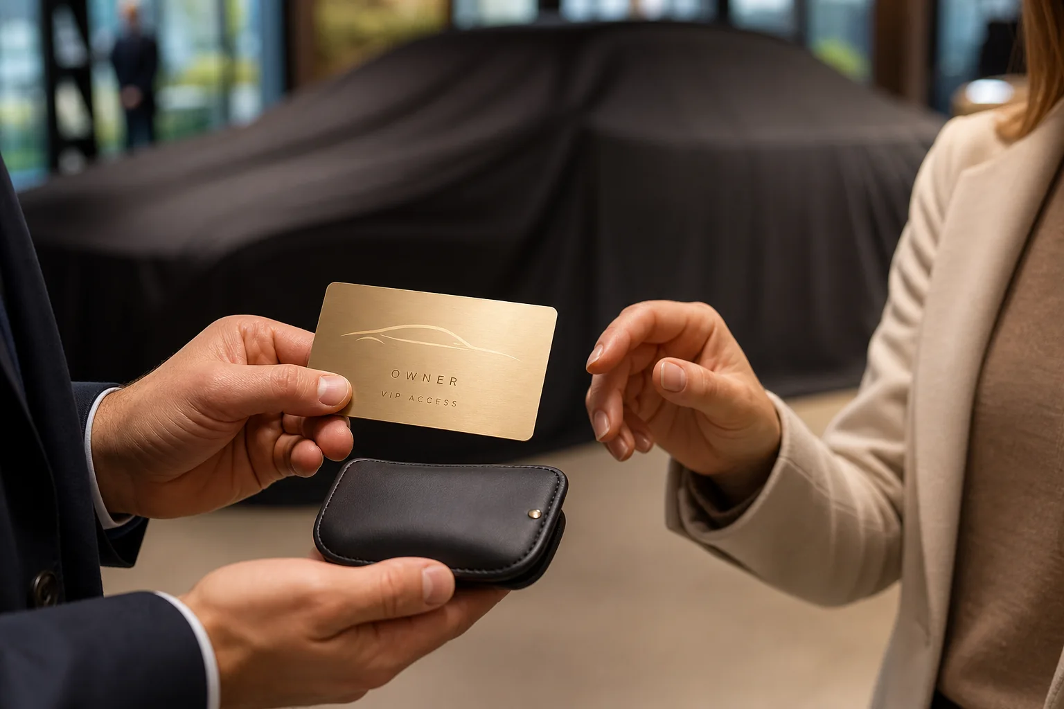 A premium metal owner card presented during vehicle delivery