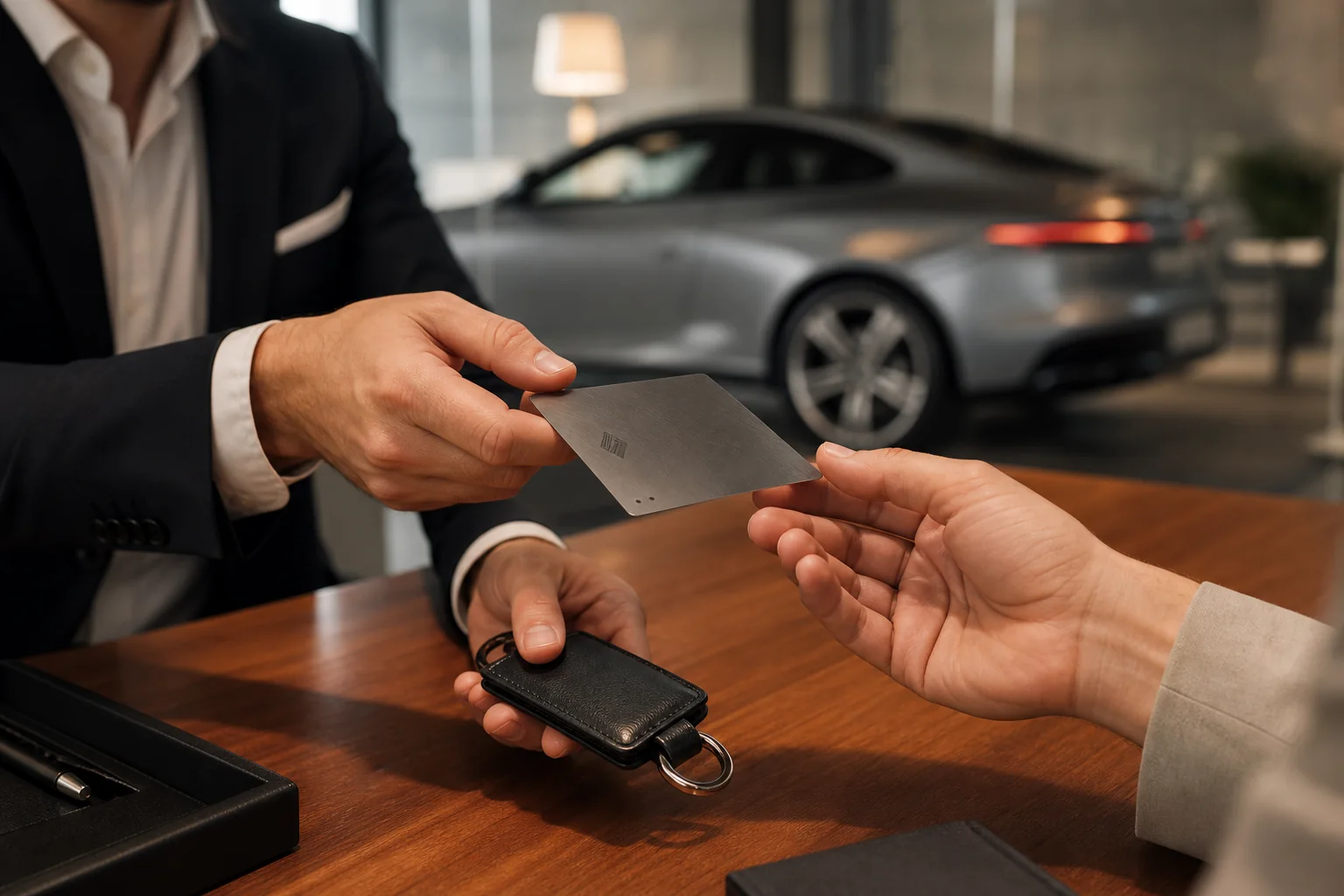 A rental concierge issues a metal VIP card with a discreet key pouch