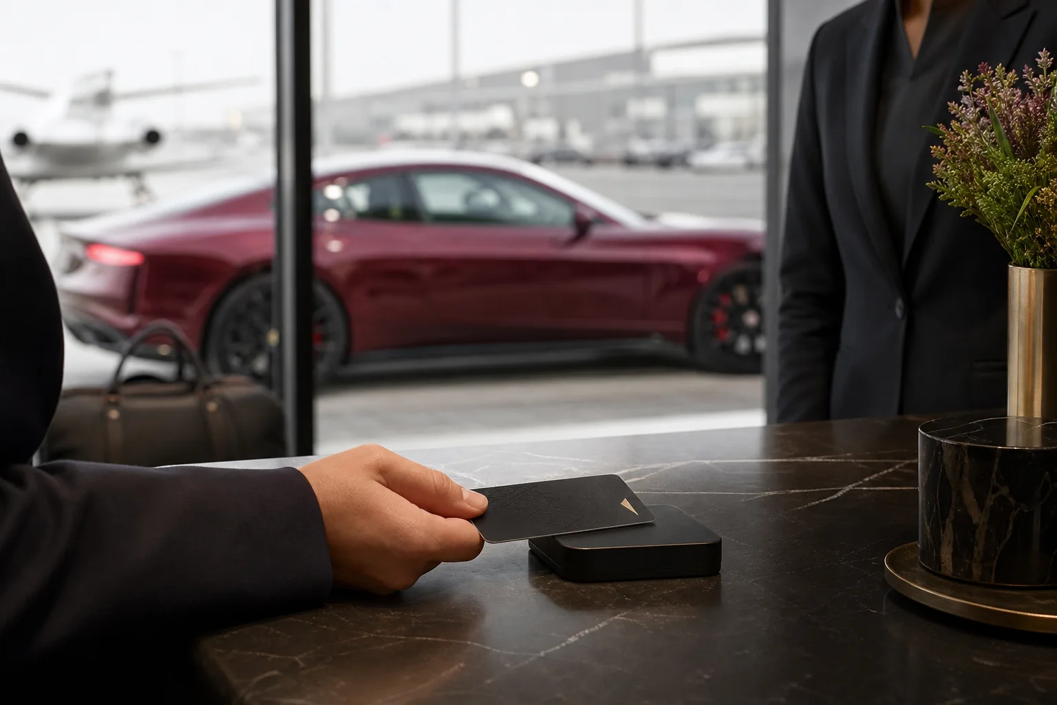 A member credential used at a private vehicle collection lounge