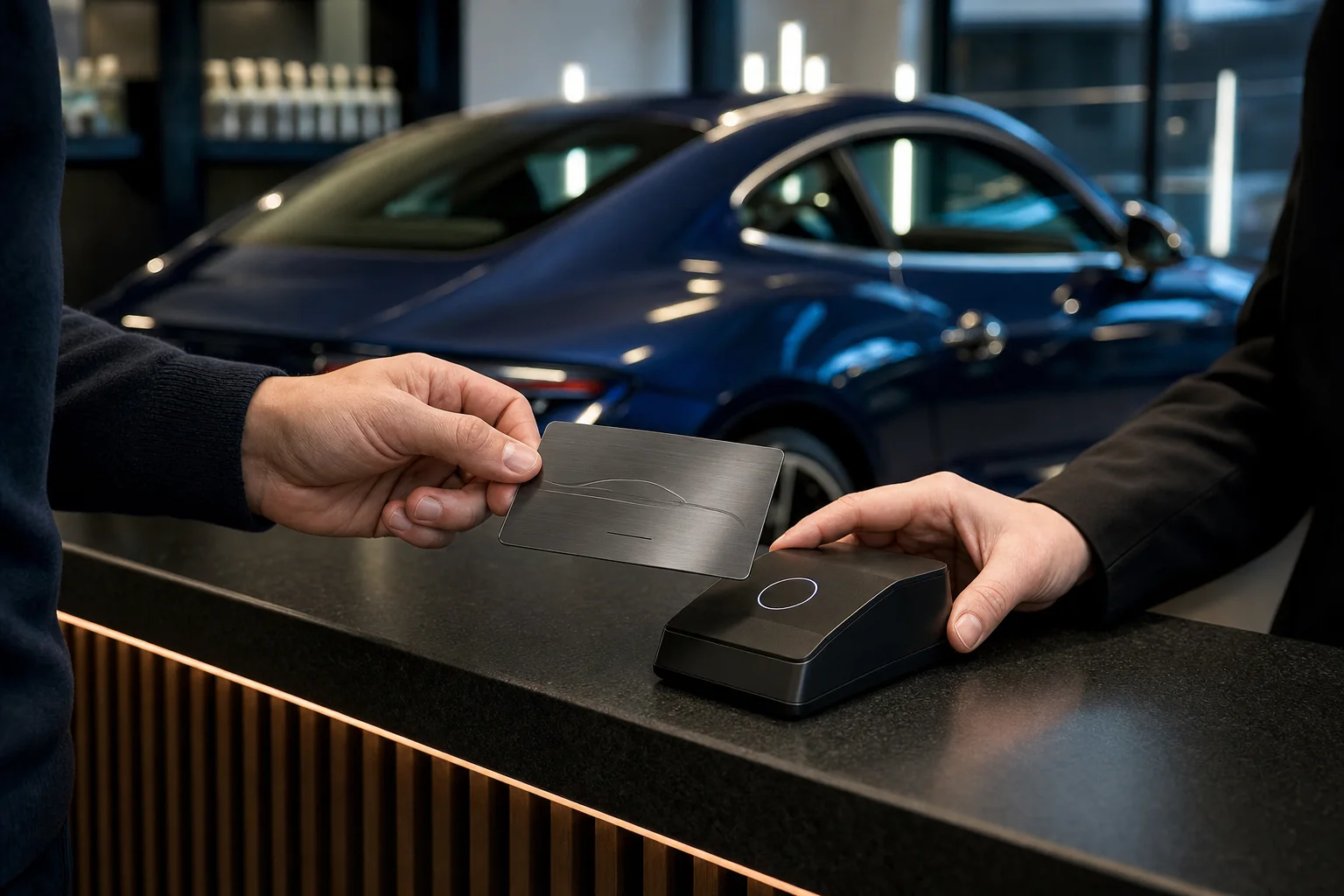 A detailing client presents a thin gunmetal membership card at reception