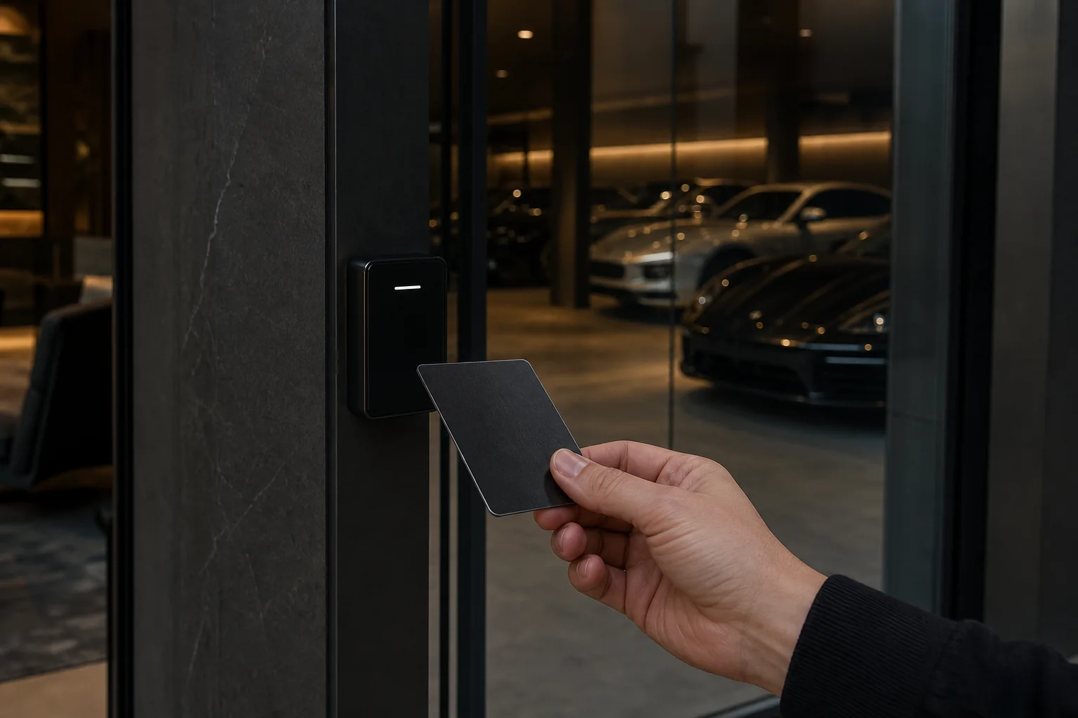 A member presents a metal access credential at a private garage entrance