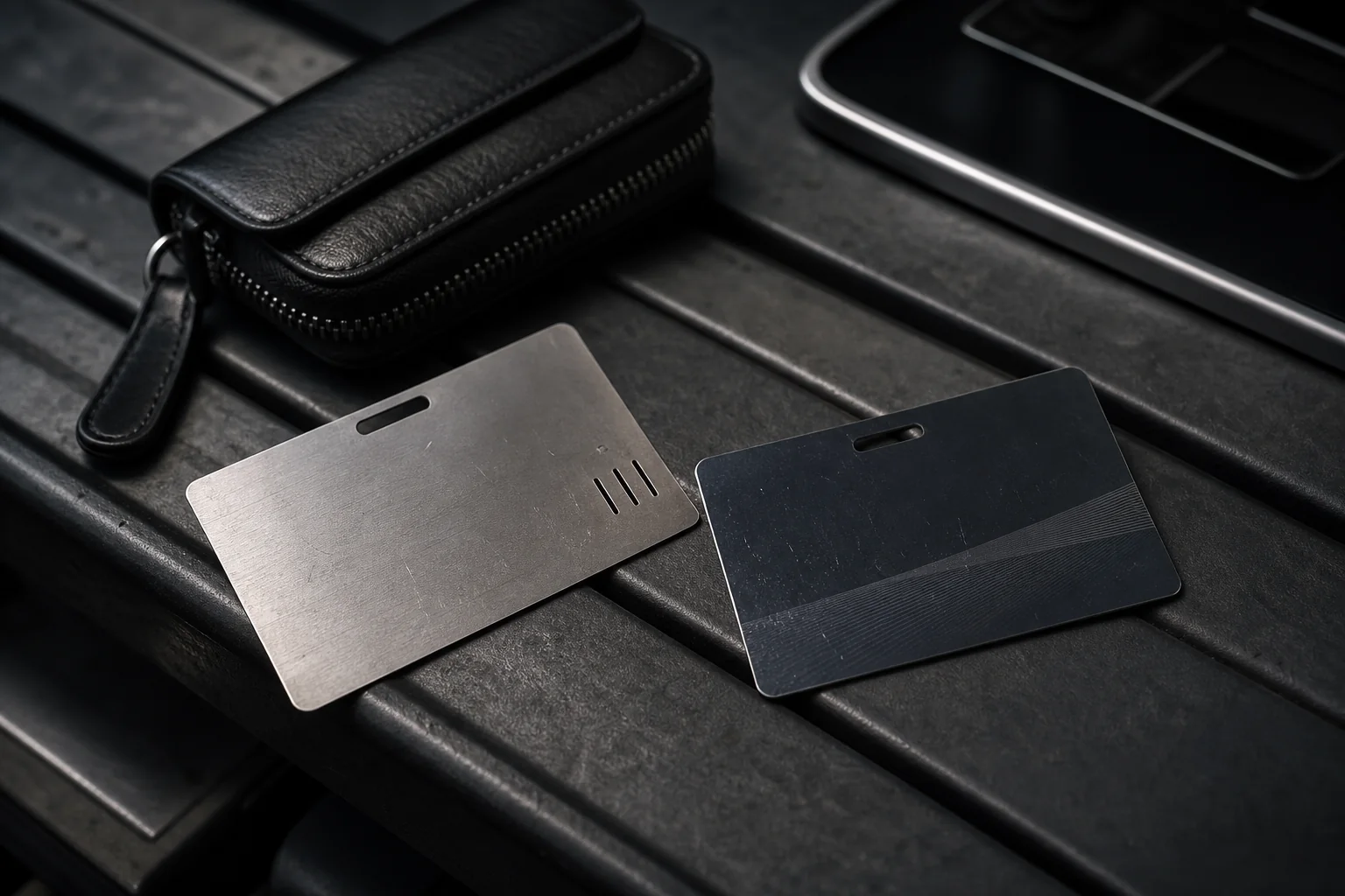 Well-used metal and plastic credentials showing realistic surface wear
