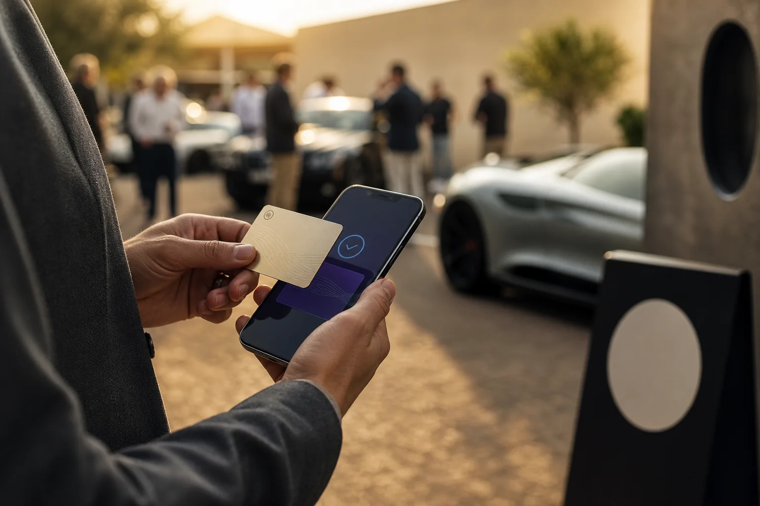 A champagne-gold member card connects to event access
