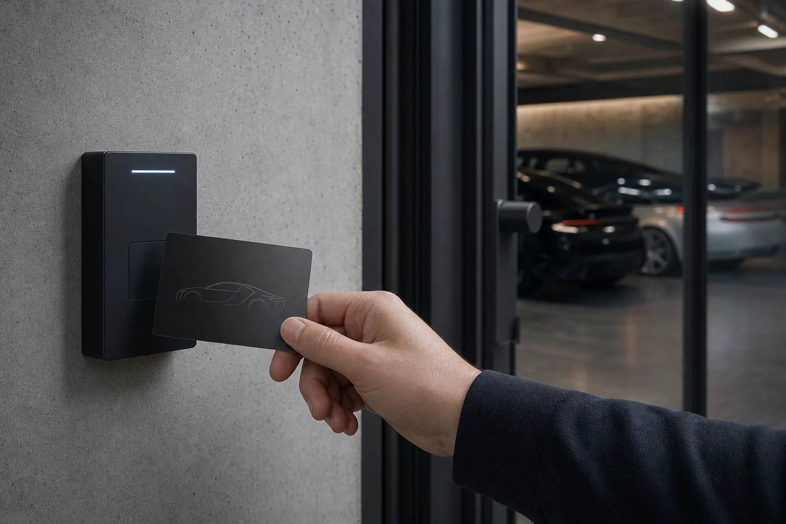 A metal credential presented to an installed private-garage access reader