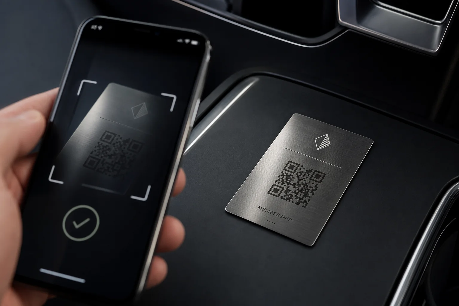 A high-contrast QR fallback scanned from a brushed metal card