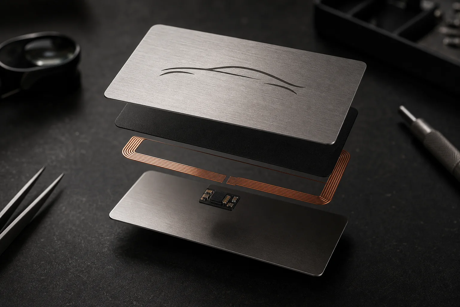 Metal face, ferrite layer, antenna, core, and back shown as an RF construction reference