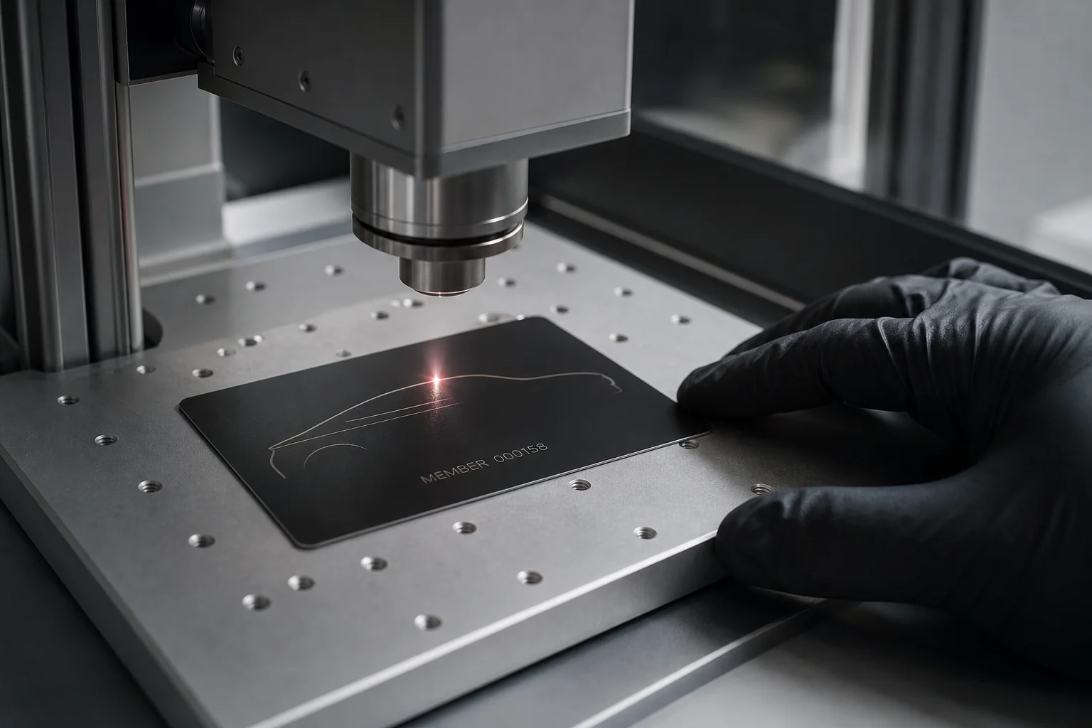 A fiber laser marks a unique member number on a matte-black metal card