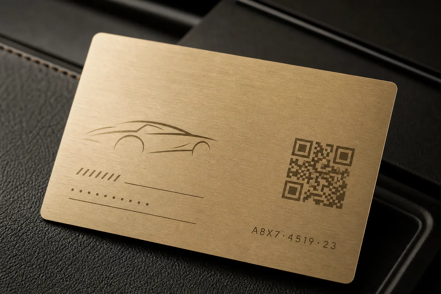 A high-contrast QR code and serial engraved on champagne-gold metal