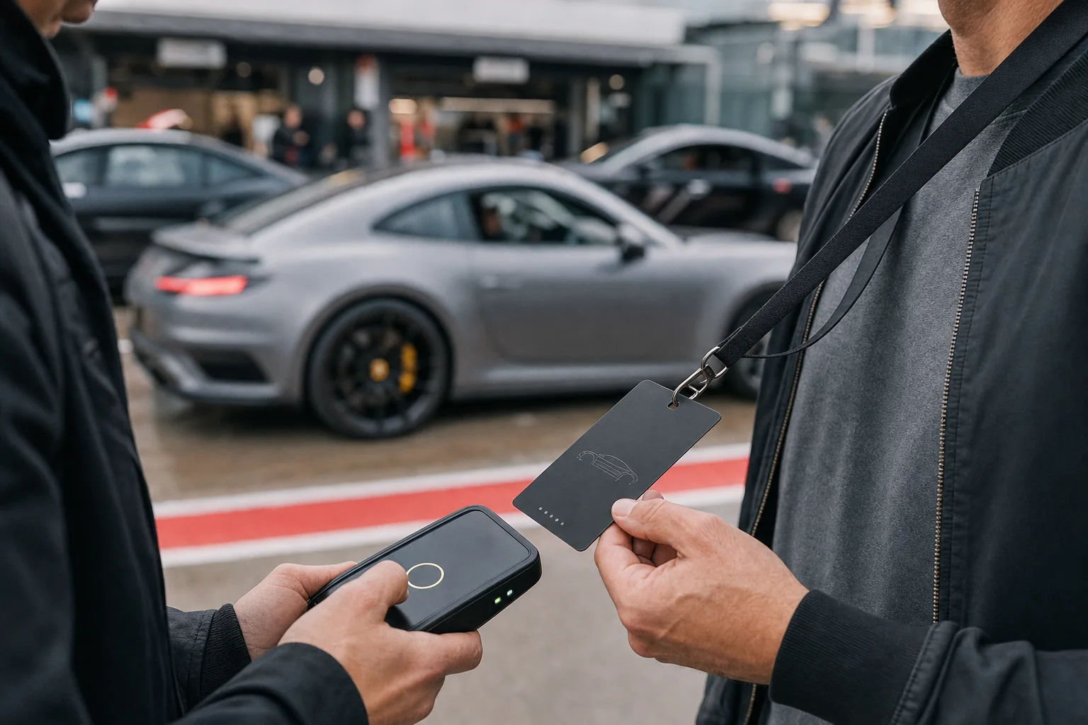 A matte-black metal event pass checked at a private paddock entrance
