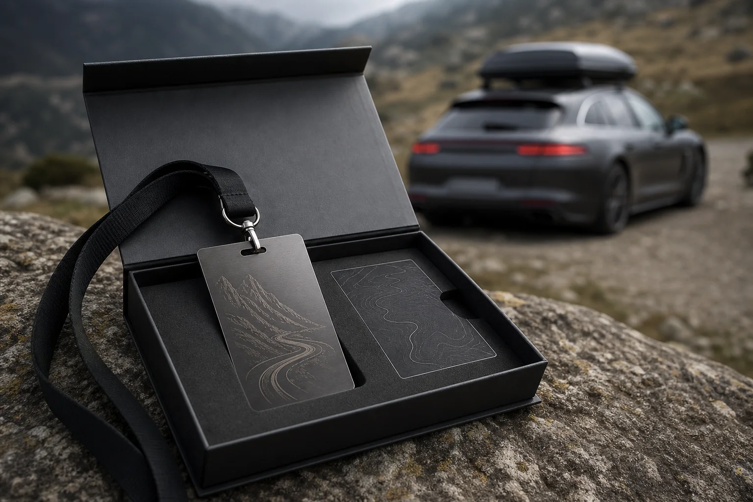 A boxed rally pass with lanyard and route-inspired engraving