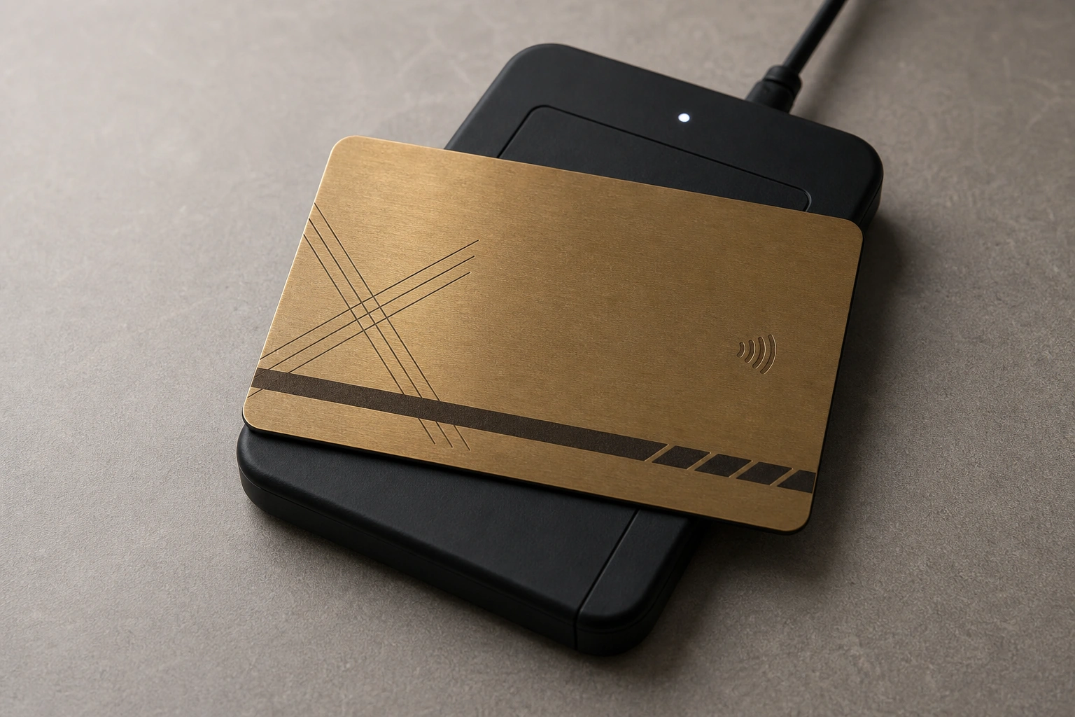 Natural brass card on RFID reader