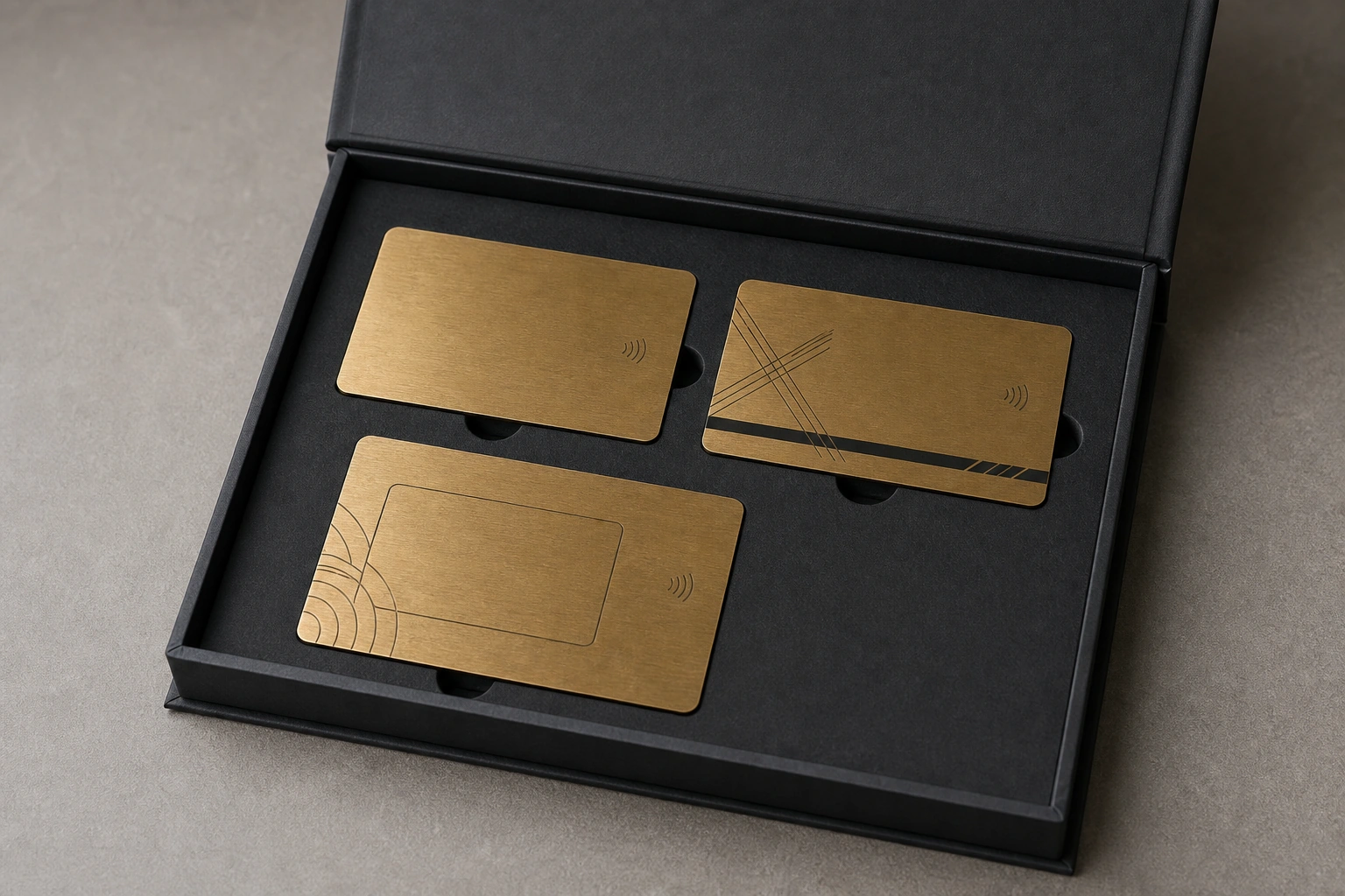 Brass RFID card in premium hospitality packaging