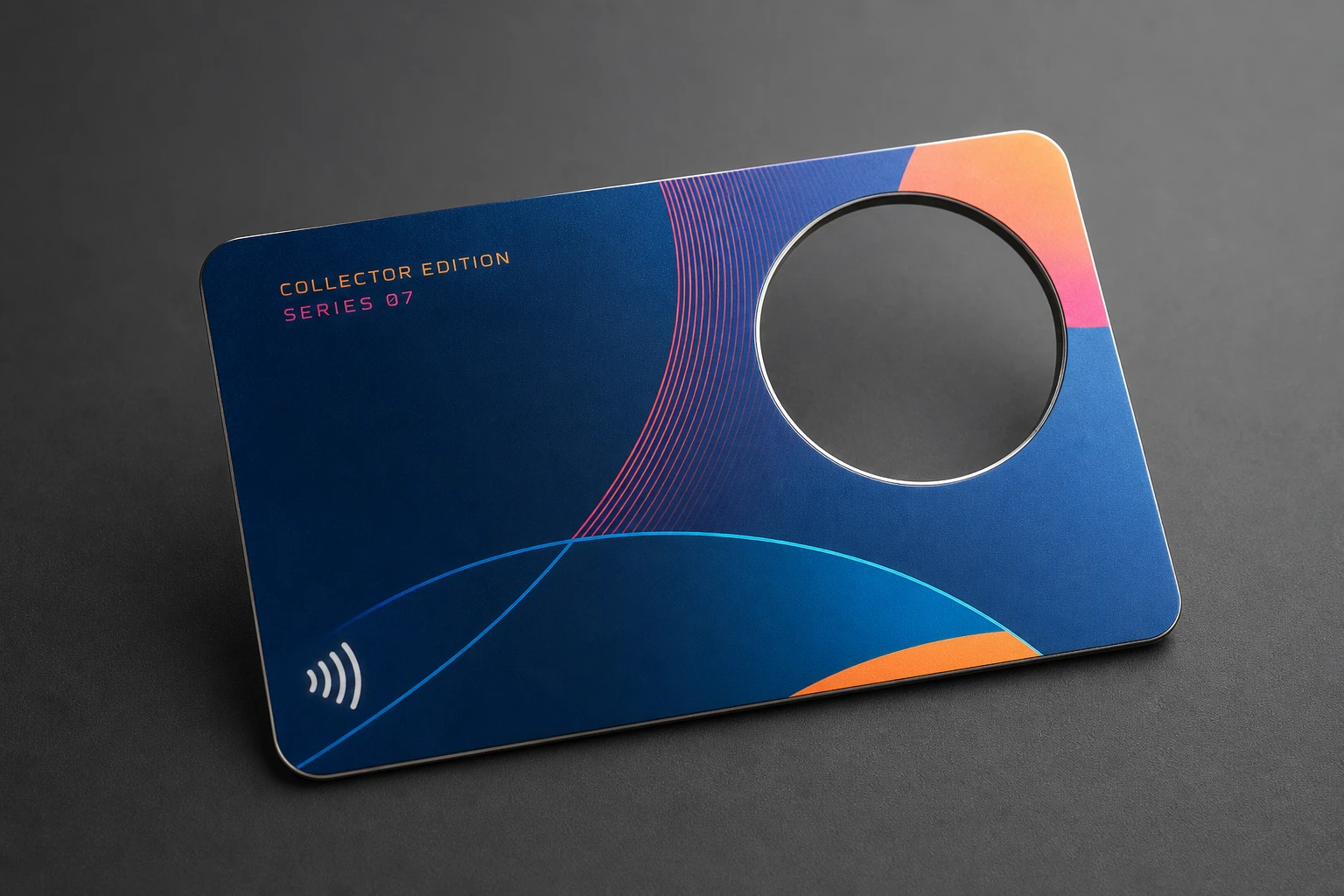 Colour-printed metal RFID credential with a circular cut-out