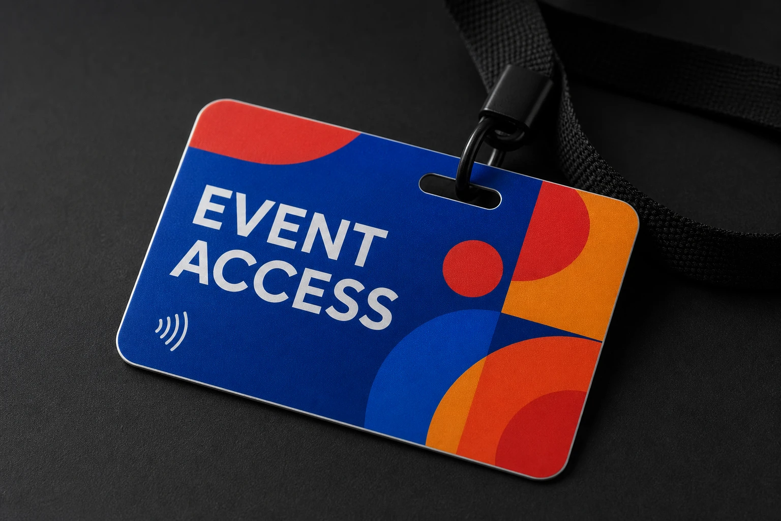 Full-colour custom metal RFID event pass with lanyard slot