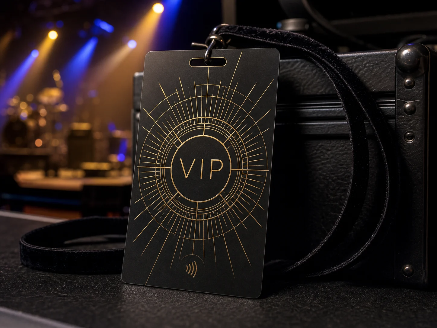 Matte-black metal VIP concert pass with velvet lanyard