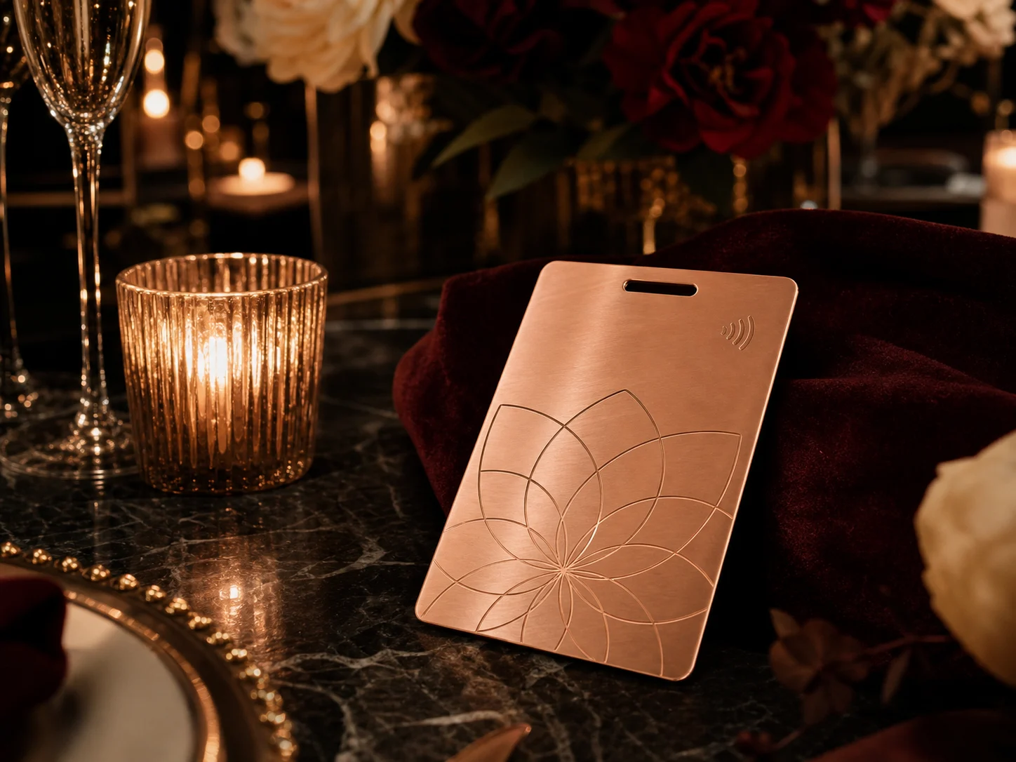 Rose-gold metal RFID pass for a private gala dinner