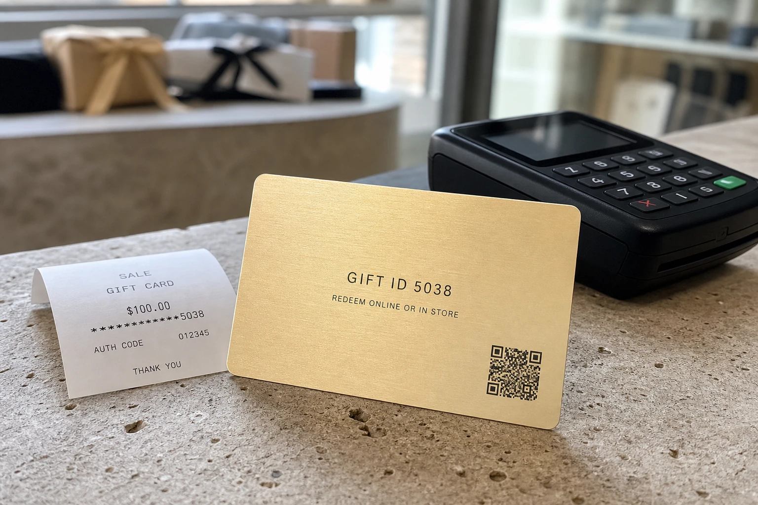 Brushed gold metal gift card with QR and gift ID at point of sale