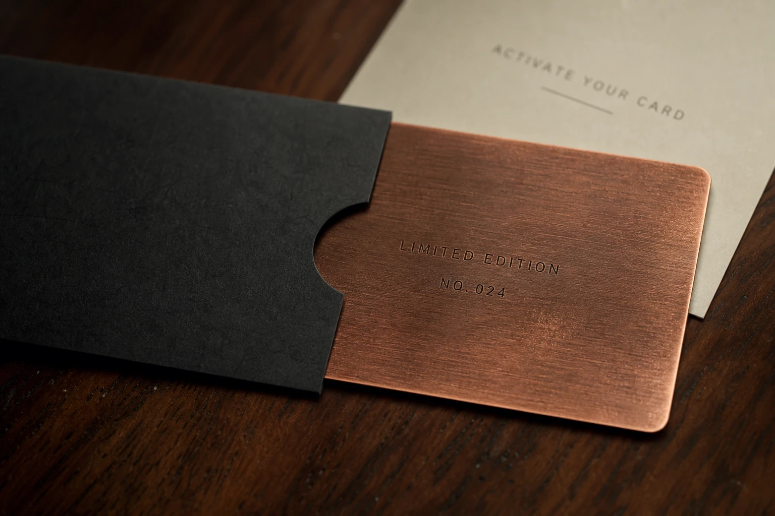 Copper limited-edition gift card in a charcoal sleeve