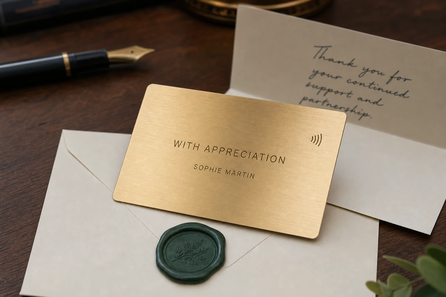 Brass personalized metal gift card with a message envelope