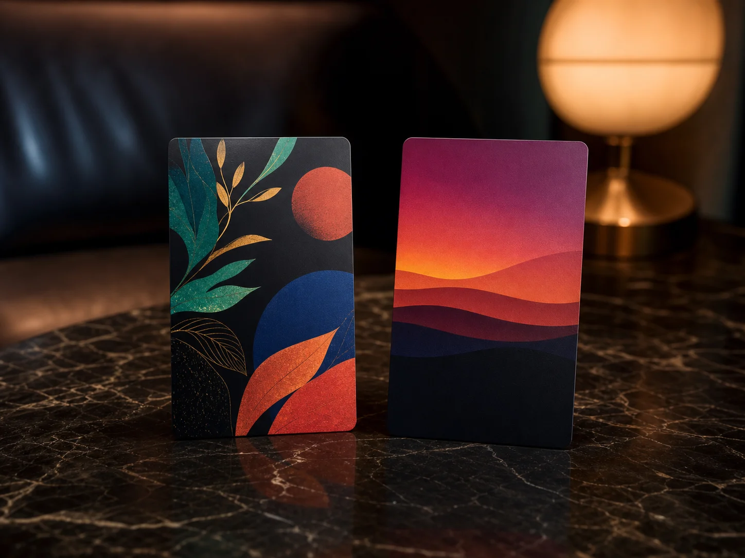 Matte-black hotel key cards with colourful botanical and sunset prints