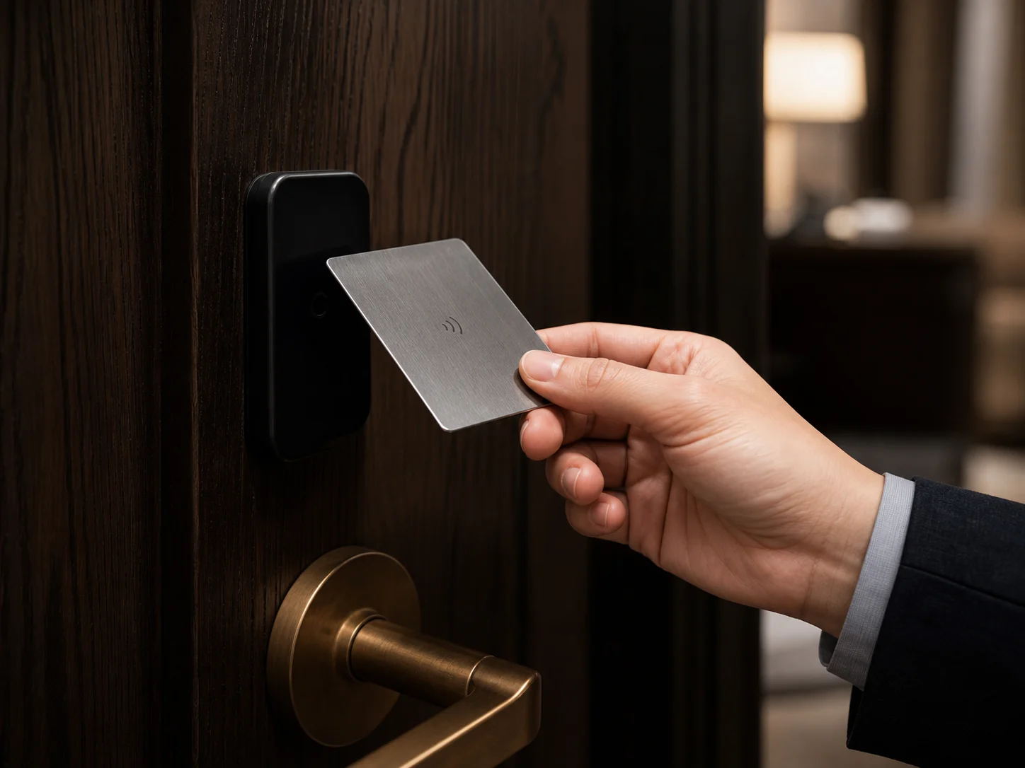 Brushed stainless metal hotel key card at a suite door lock