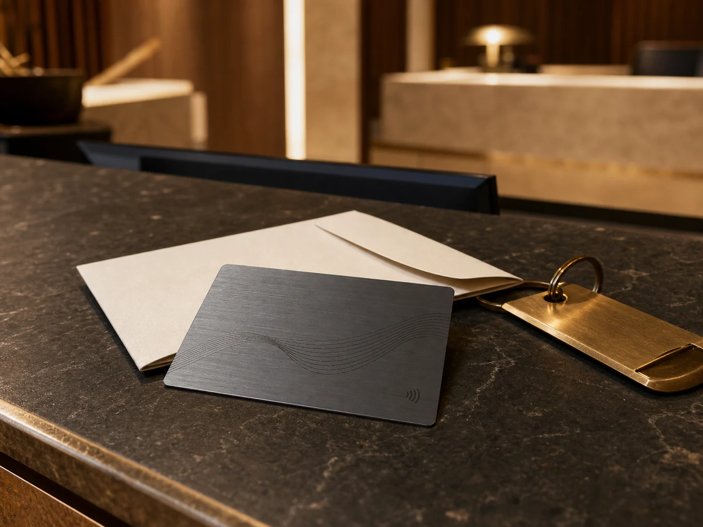 Gunmetal metal hotel key card on a boutique hotel reception counter