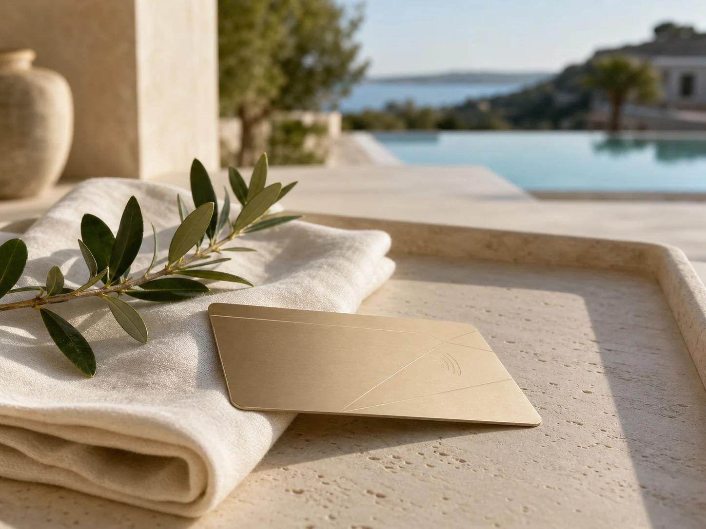 Champagne-gold metal RFID key card on a villa welcome tray