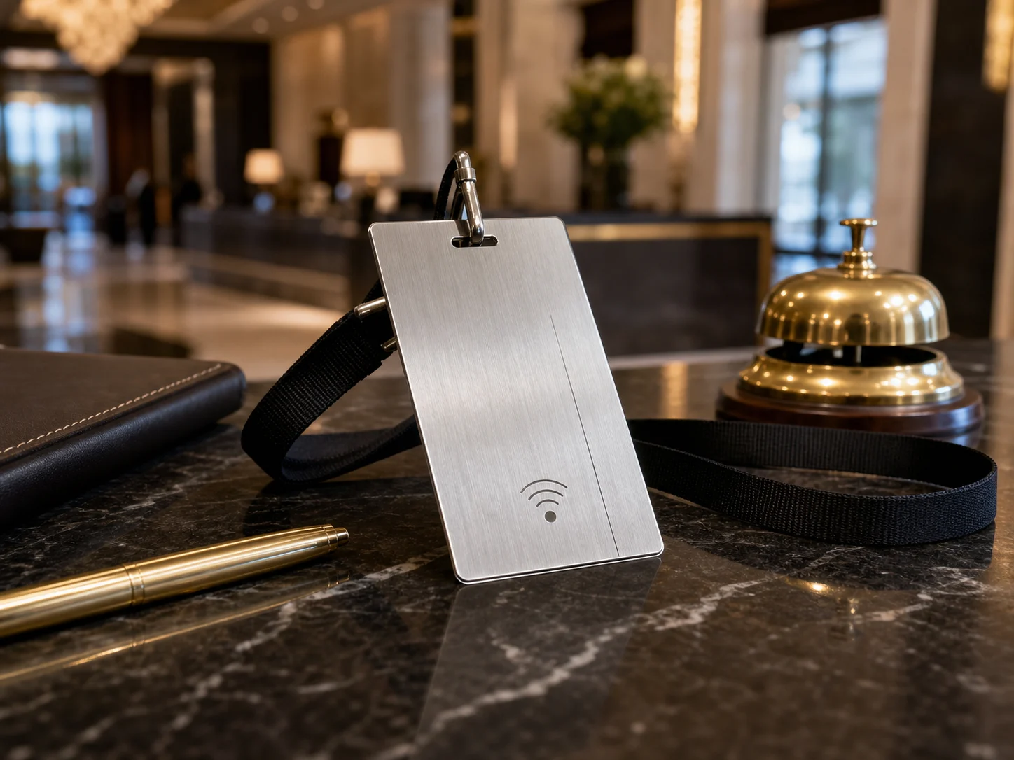 Brushed stainless concierge RFID badge on a hotel reception desk