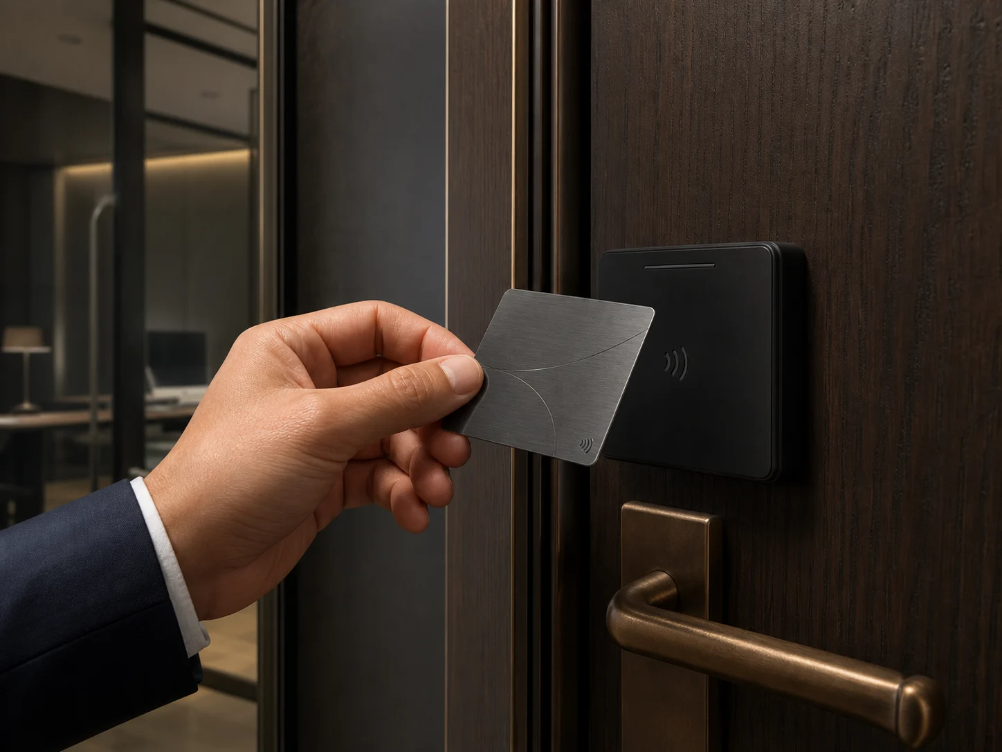 Titanium metal executive RFID badge at an office access reader