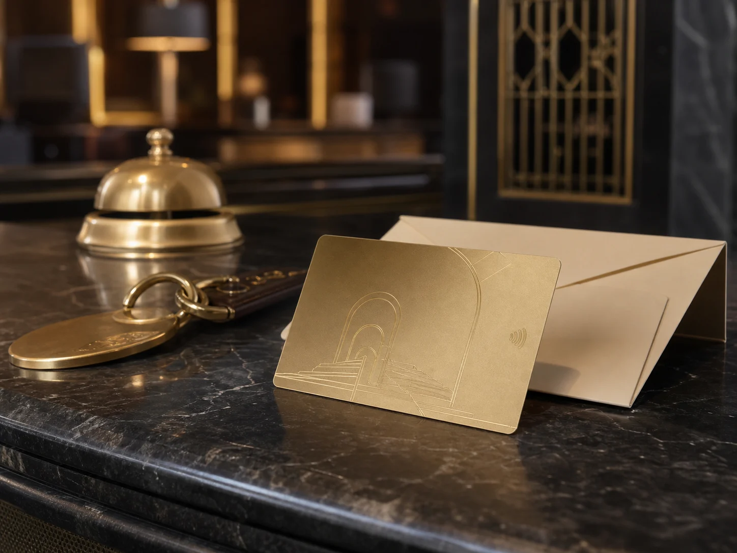Champagne-gold metal loyalty card at a luxury hotel concierge desk