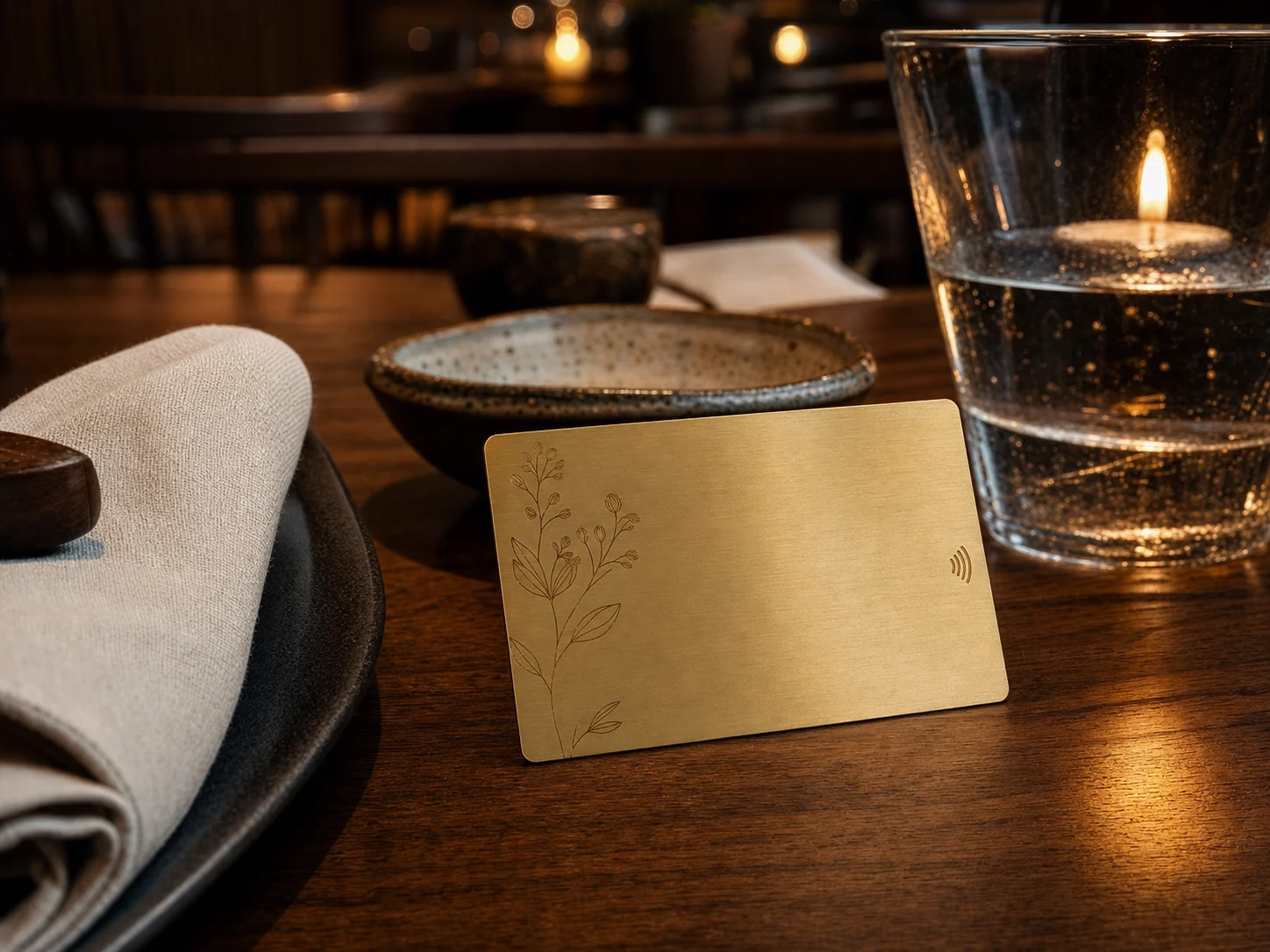 Natural-brass metal loyalty card at a fine-dining table