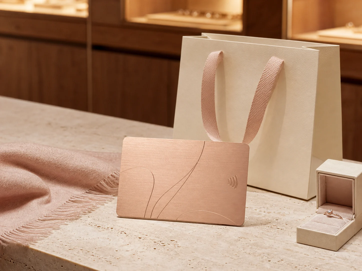 Rose-gold metal loyalty card in a luxury retail boutique
