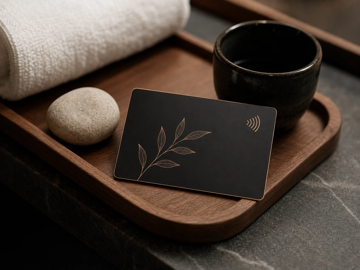 Matte-black and rose-gold metal wellness loyalty card on a spa tray