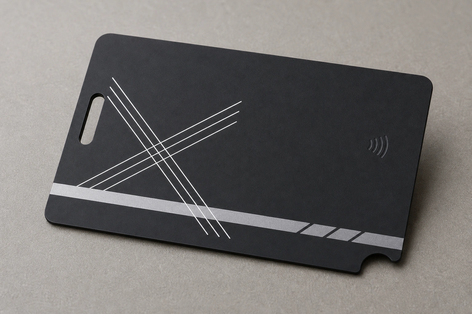 Matte-black metal RFID pass with cut-edge detail
