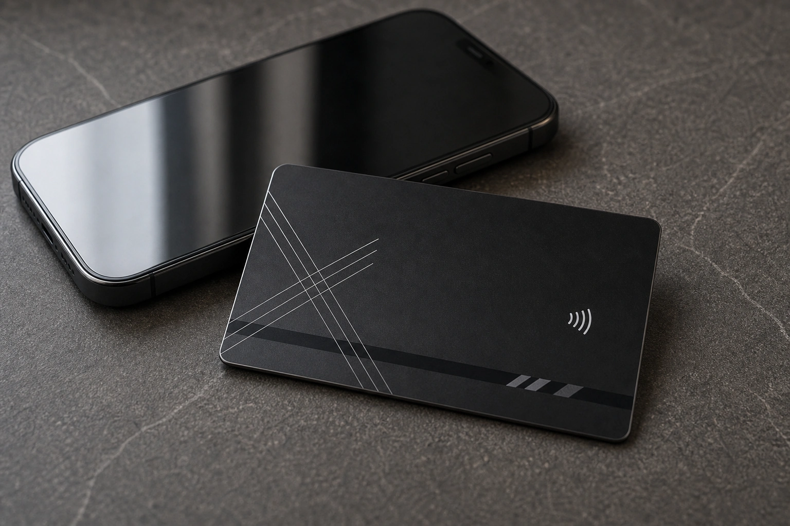 Matte-black metal NFC card tapping beside a phone