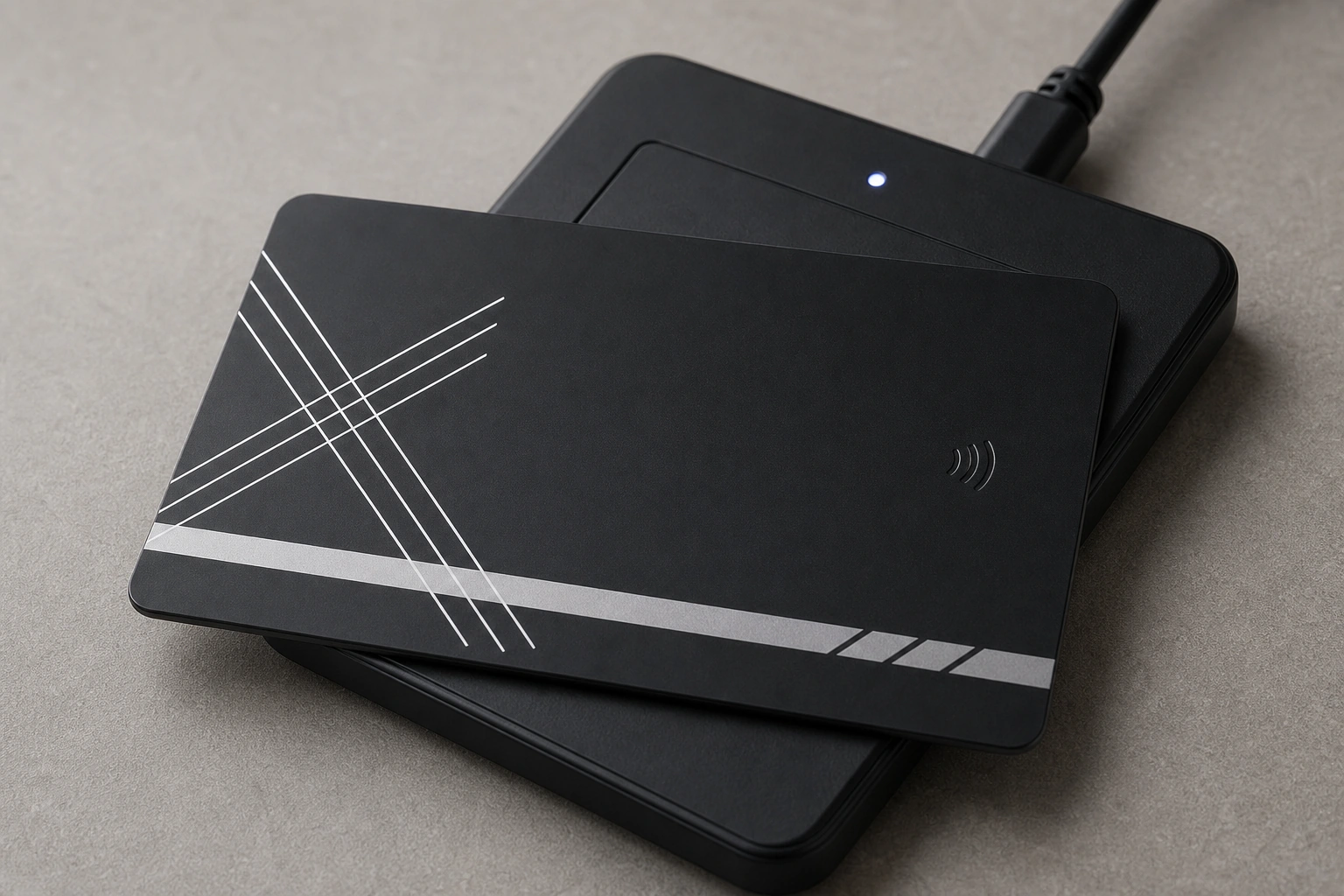 Matte black metal card on RFID reader