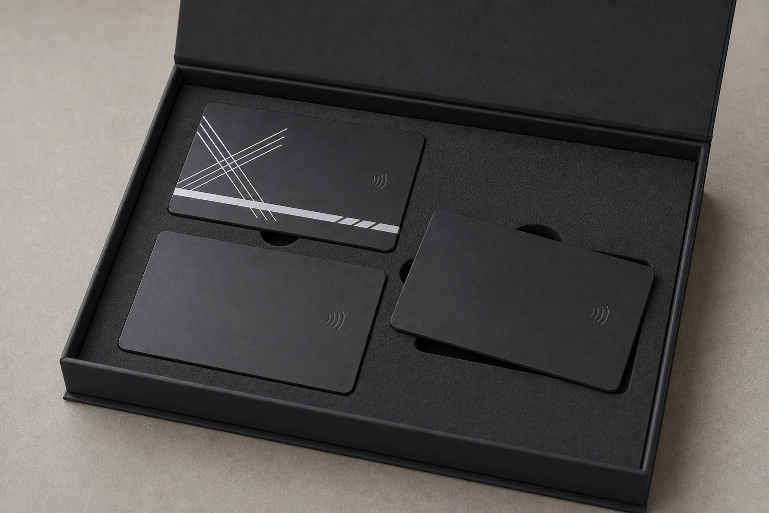 Matte black metal sample box presentation