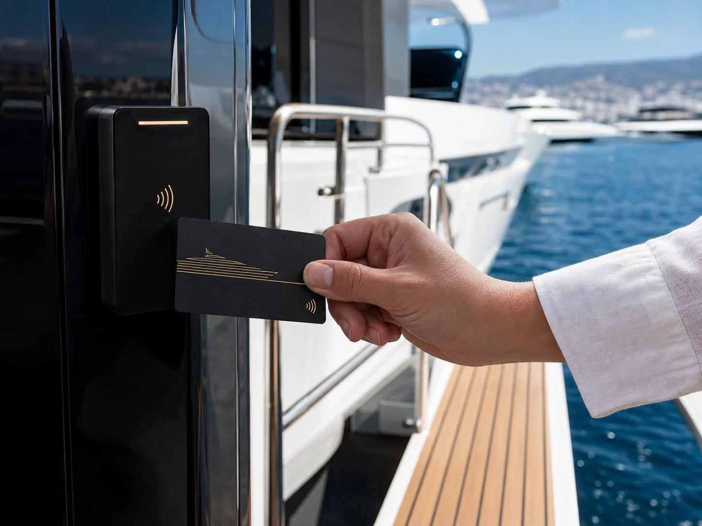 Matte-black yacht-club membership card at a marine access reader
