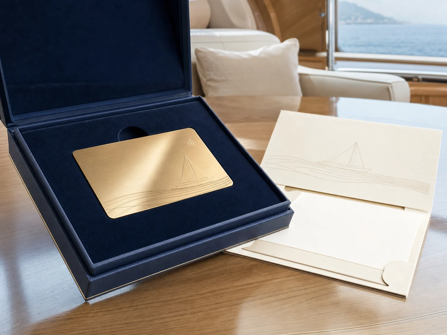 Champagne-gold yacht-club membership card in a rigid issue box