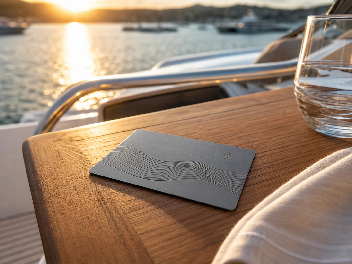 Titanium metal membership card on a private yacht sundeck