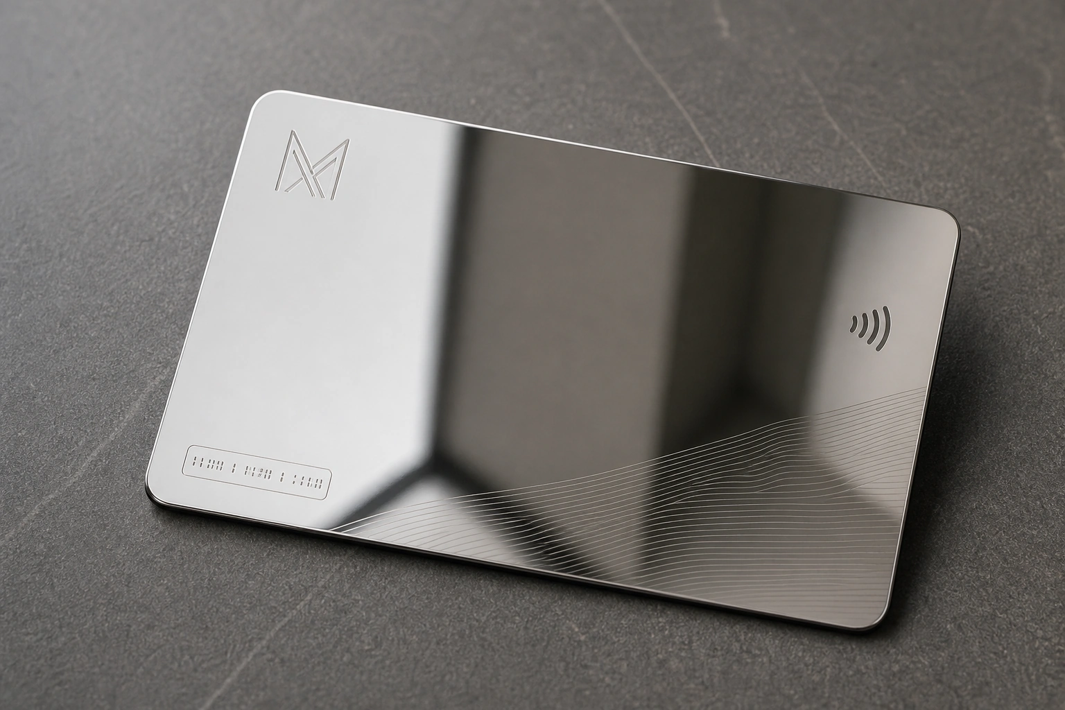 Mirror metal card with precision printed linework