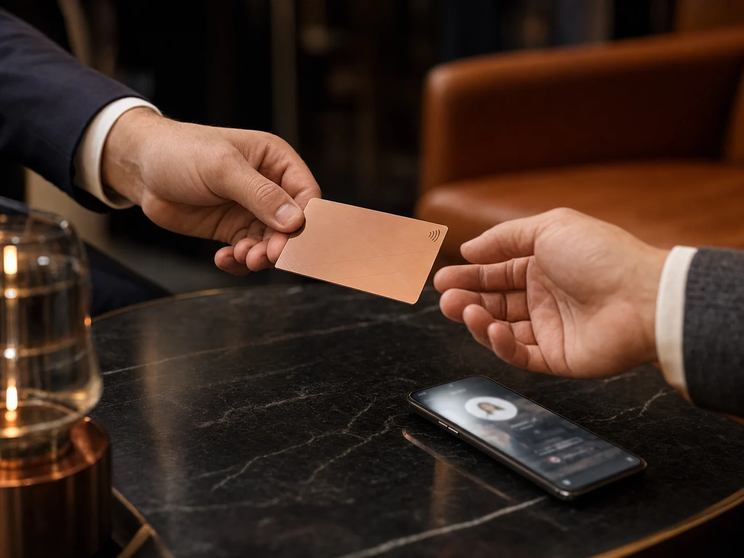 Rose-gold metal NFC business card exchanged in a hotel lounge