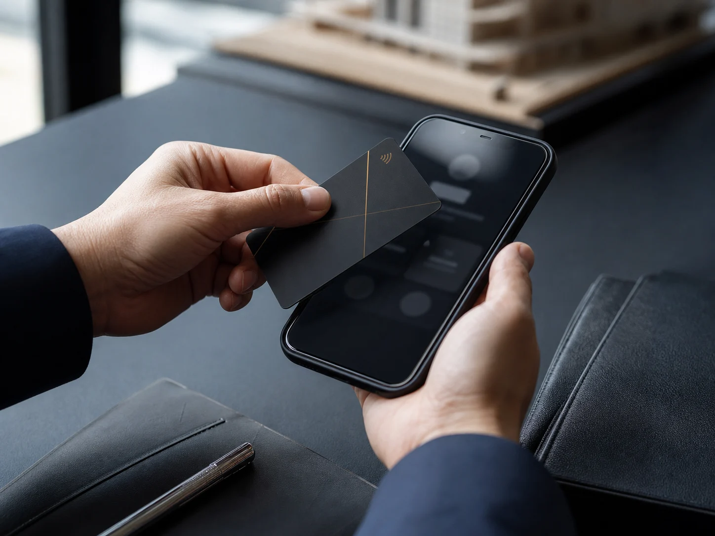Matte-black metal NFC business card tapping a smartphone
