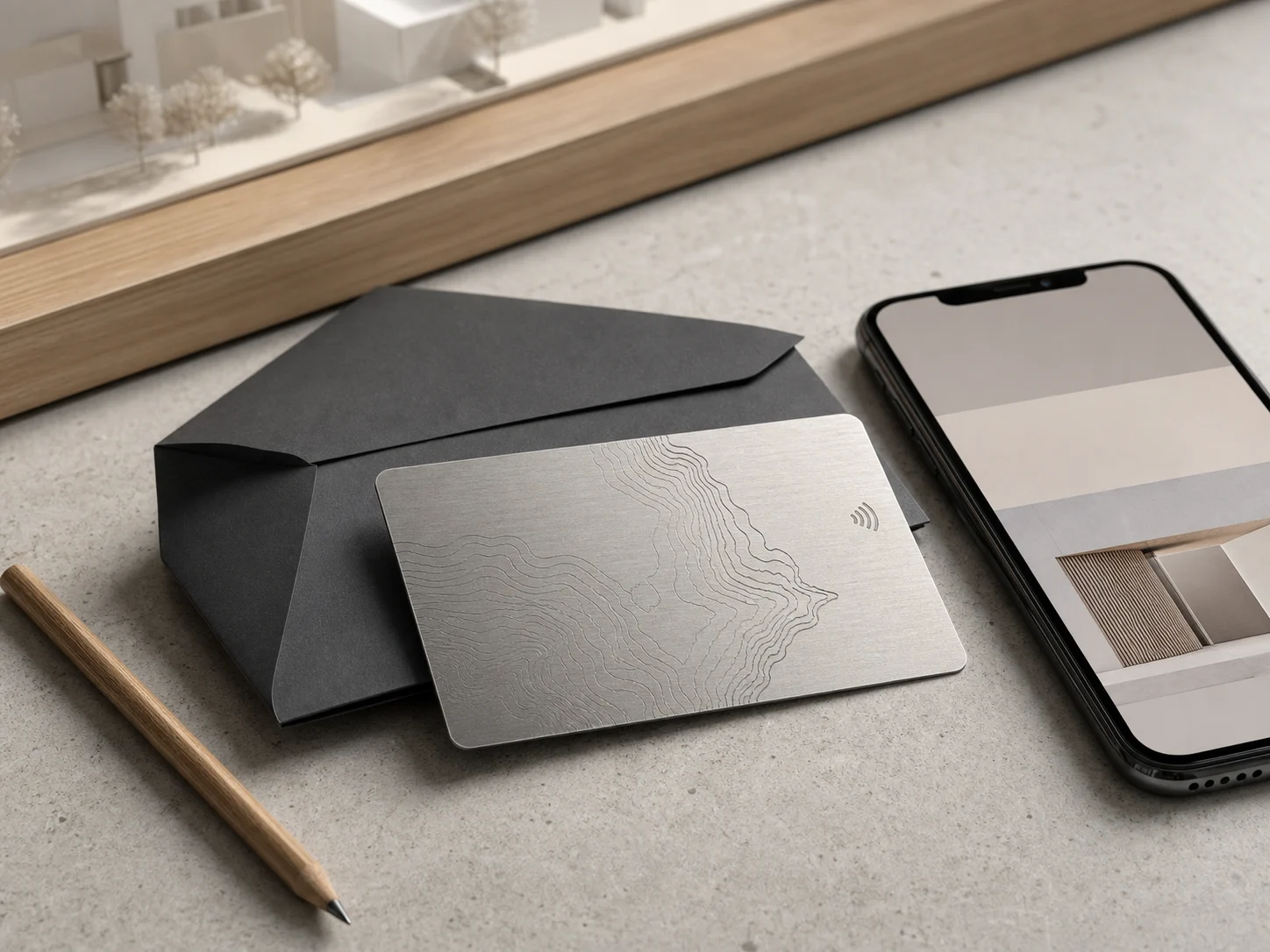 Brushed metal NFC business card with portfolio handoff