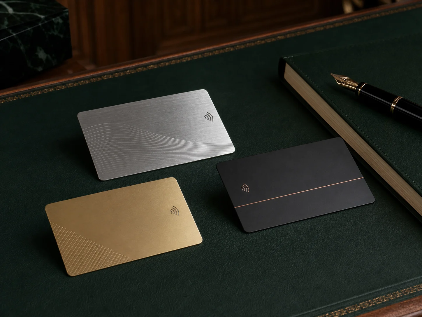 Coordinated silver, black, and gold metal NFC business card set