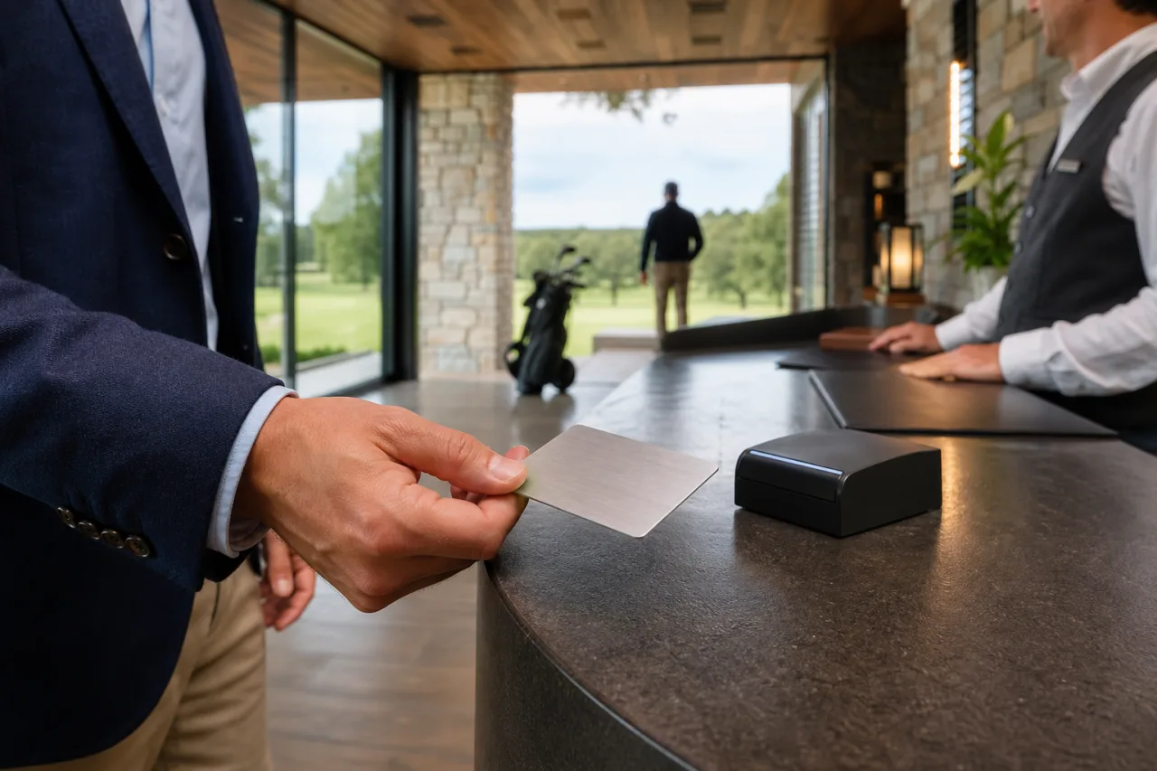 Lid toont de metalen kaart bij aankomst in de club