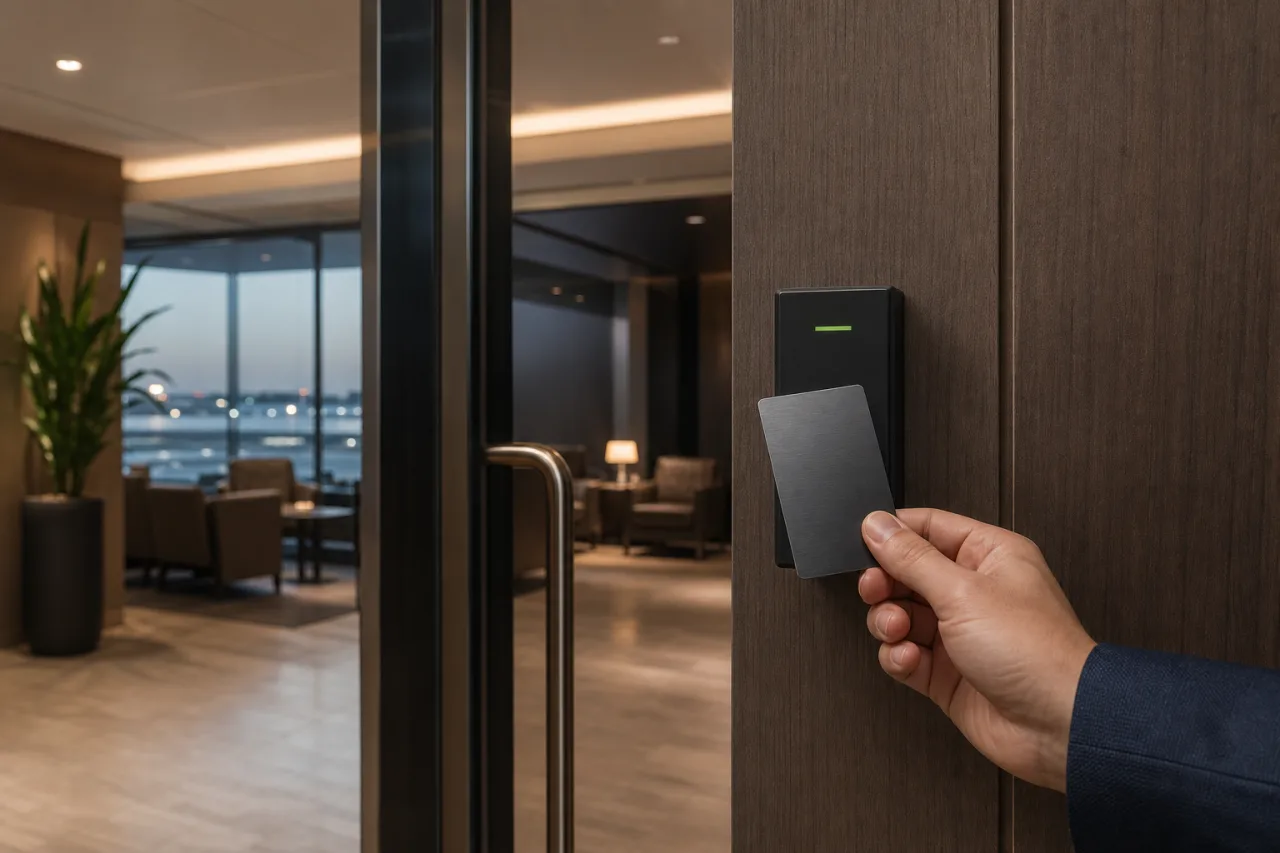 Metalen kaart getest bij de lezer van een besloten FBO-lounge