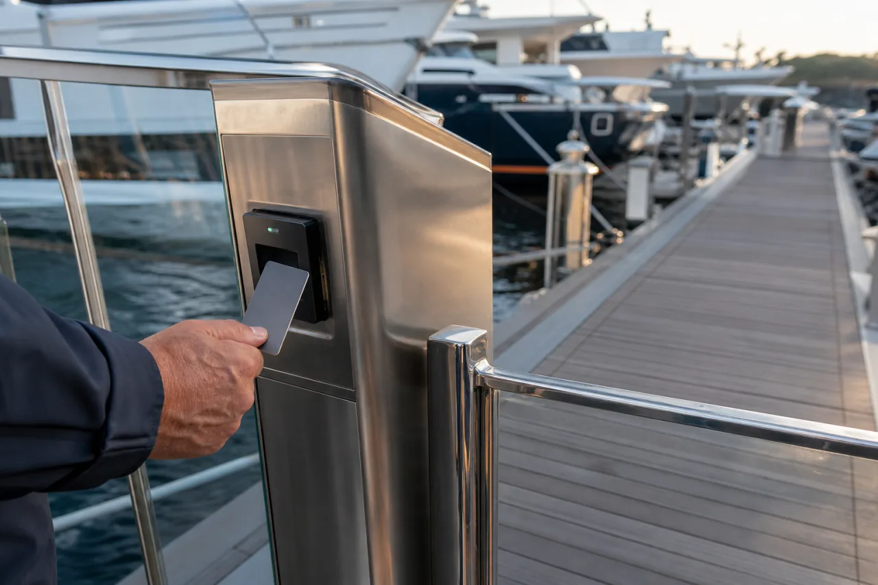 Metalen RFID-kaart bij de toegang tot de besloten steiger