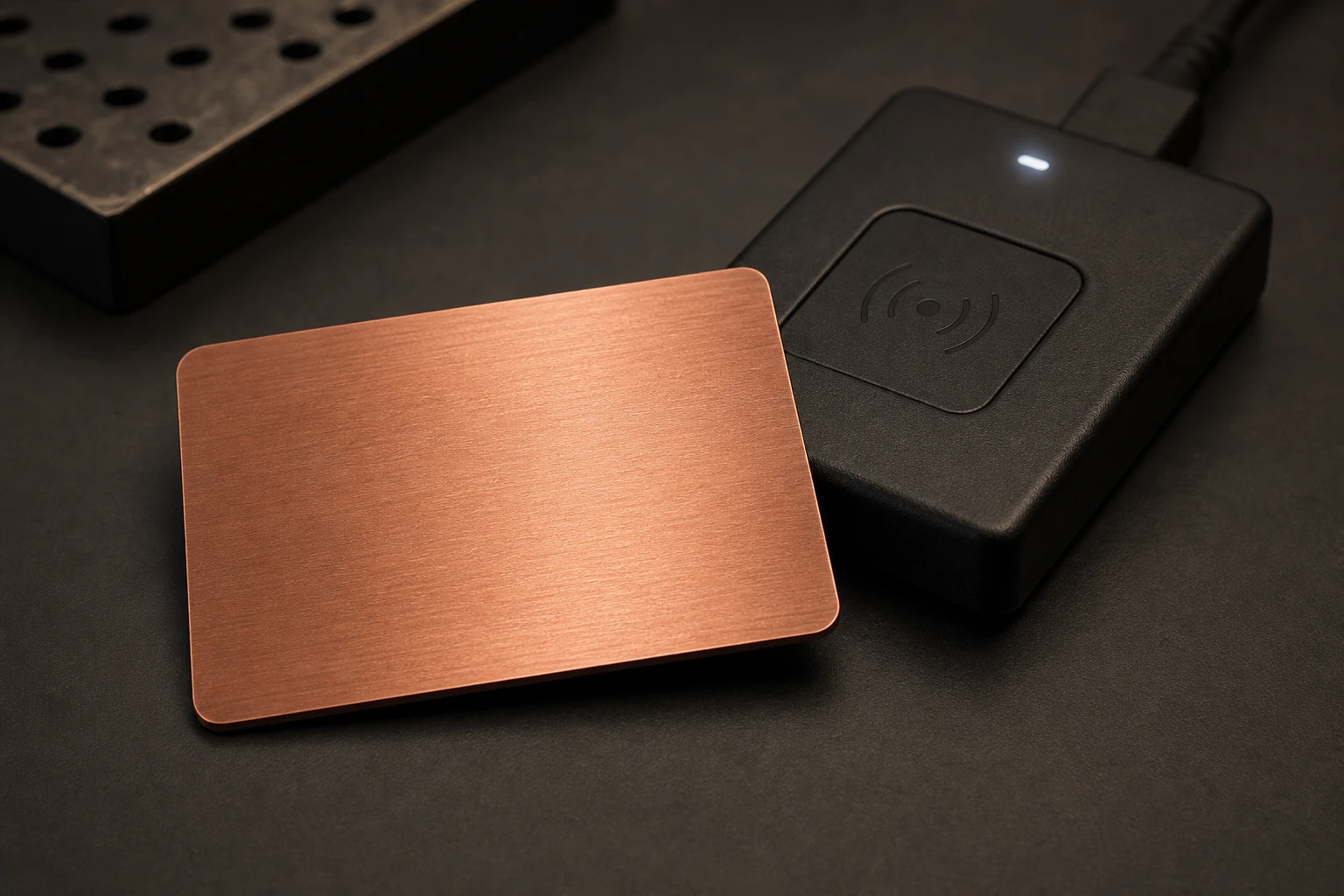 Copper metal RFID credential on a contactless reader